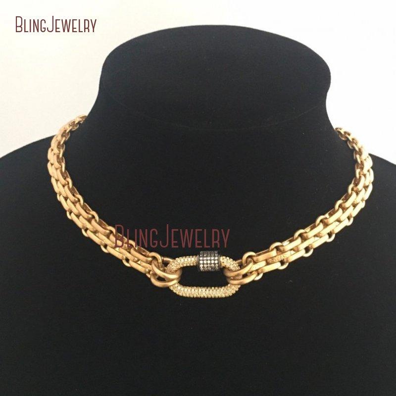 

NM35053 Gold Carabiner Chunky Multilink Chain Necklace Gold Brass Textured Chain Pave Carabiner Gunmetal Pave Screw Lock