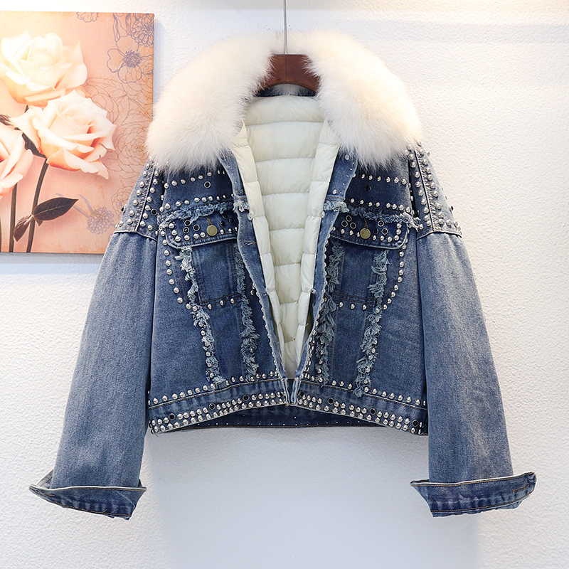 

Winter 2020 new white duck jacket down rivet jean women's coat outerwear, Blue