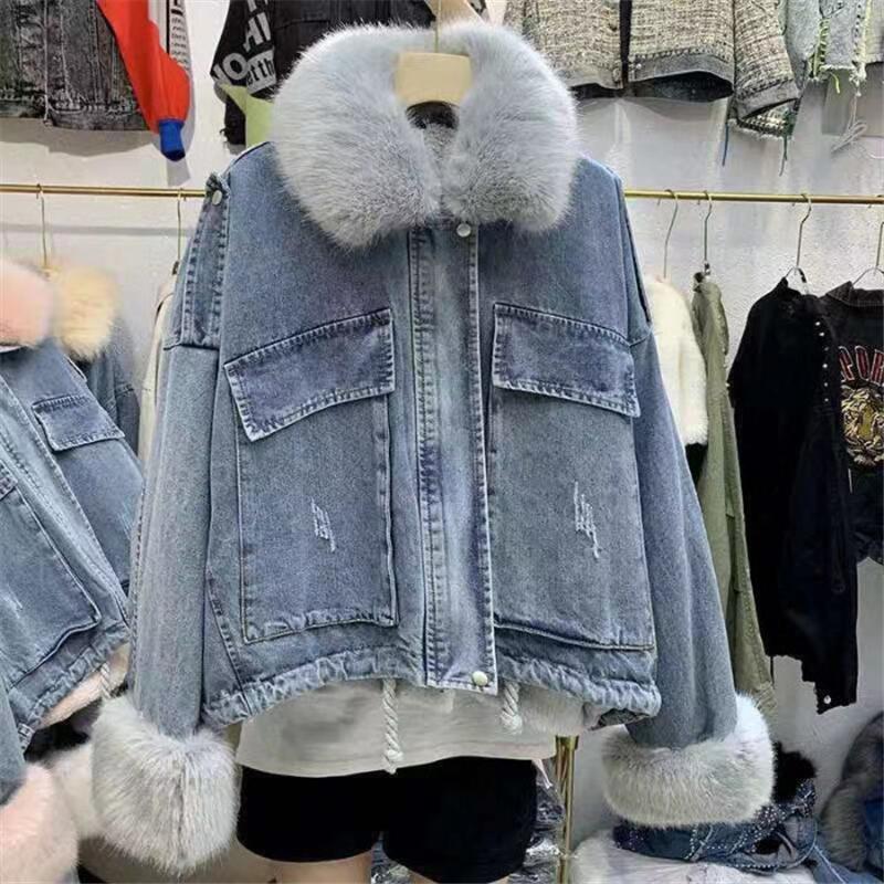 

Novo 2020 inverno das mulheres jaqueta jeans feminino casaco de pele denim jaquetas femininas solto grosso quente outerwear, Blue jacket gray fur