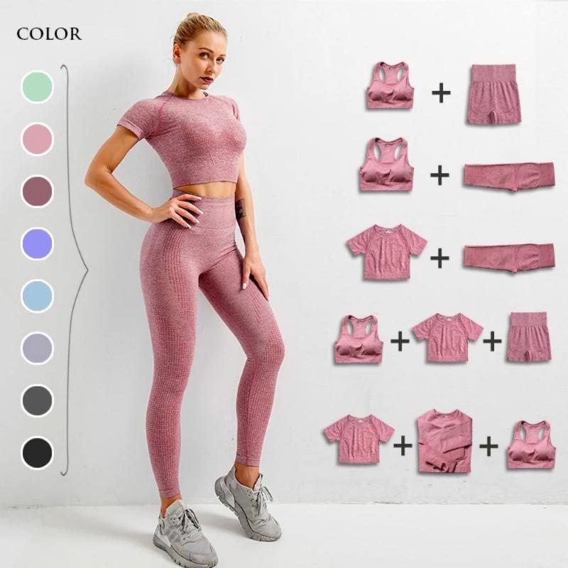 

Seamless Women Yoga Set Workout Shirts Sport Pants Bra Gym Vital Clothing Short Crop Top High Waist Running Leggings Sports Set, Brapant pink
