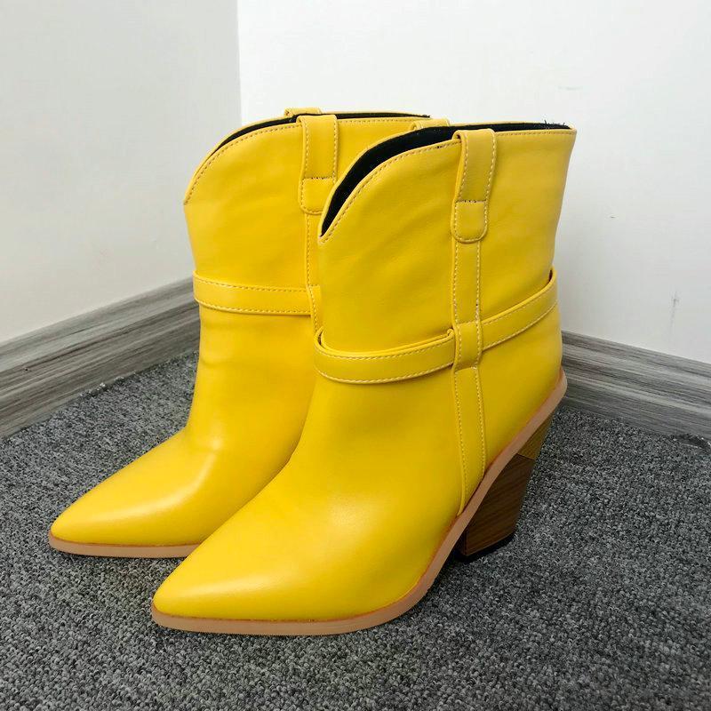 

Yellow Brand Designer Ankle Boots for Women Faux Leather Cowboy Boots Wedges Heel Ladies Pointed Toe Western Winter Shoes1