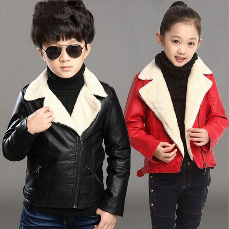

2020 New Boys Girls Winter Thick Warm Velvet Coat Kids School Outdoor PU Leather Casual Jacket Kid Outerwear Fashion Winter Coat, Black