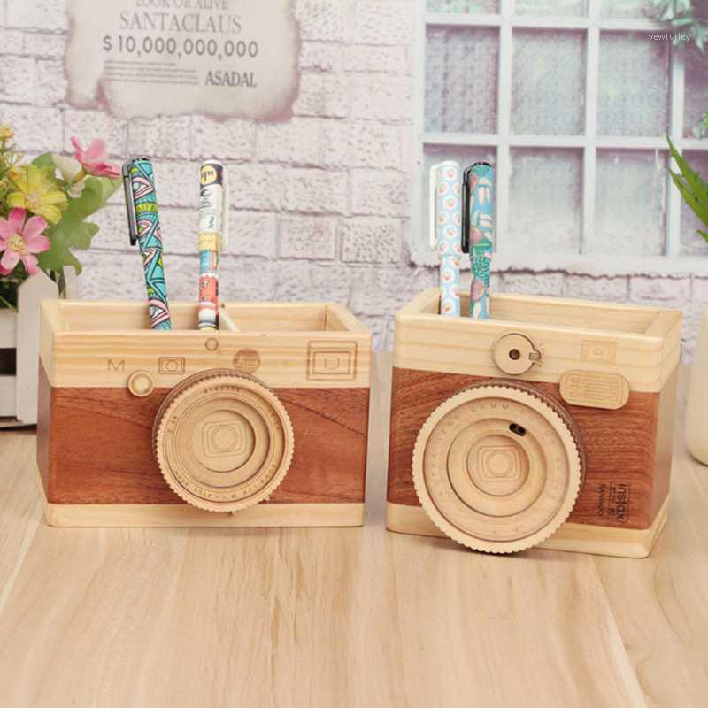 

New Creative Retro Wooden Mini Camera Model Pen Holder Storage Ornaments Desktop Crafts Home Decoration Stationery Gifts1