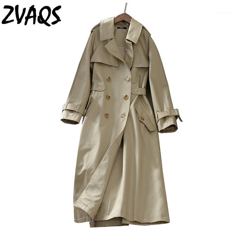 

ZAVQS Double Breasted Long Trench Coat Women Khaki Slim Windbreaker Female Tops With Belt Elegant Office Lady Outwear JF2451