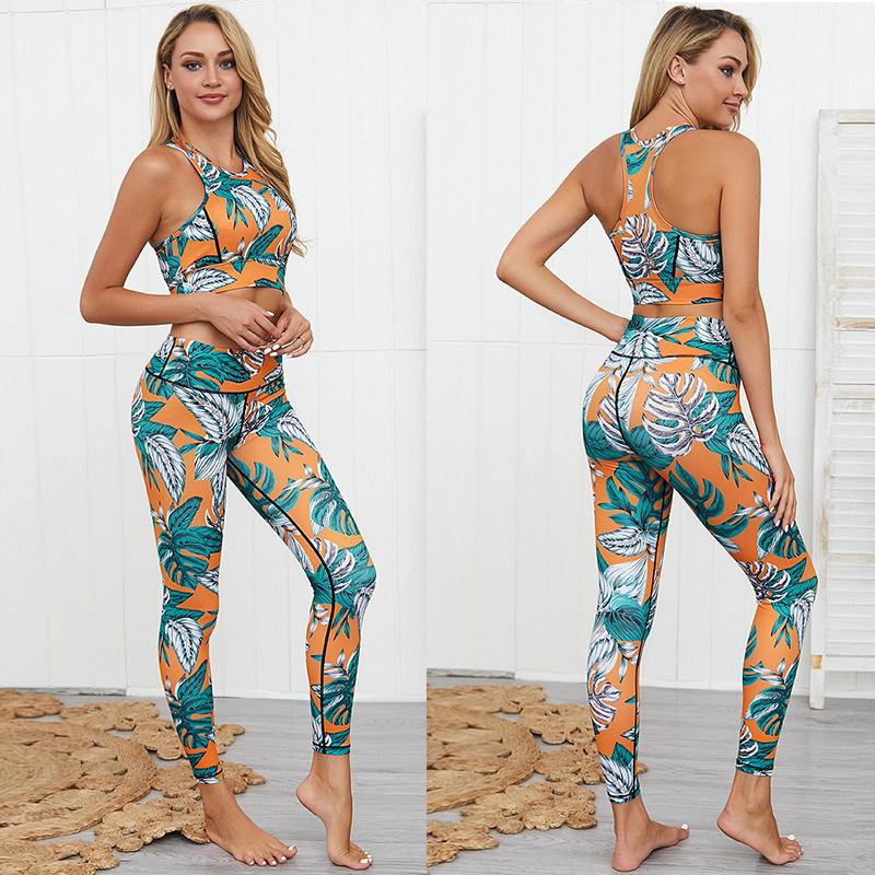 

Sexy Leaf Print Women Seamless Yoga Set 2pcs Female Fitness Tant Top Sports Suit Gym Yoga Sports Workout Set Running Sportswear, As pic