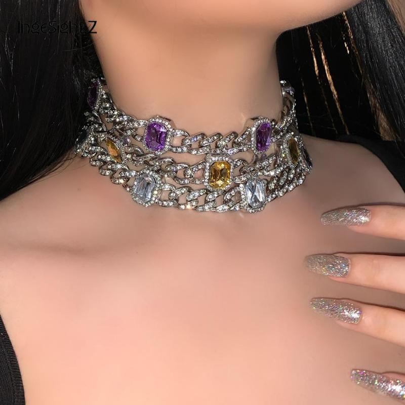 

Rainbow Full Iced Out Rhinestone Miami Curb Cuban Choker Necklace Geometric Square Crystal Chunky Thick Collar Necklaces Jewelry