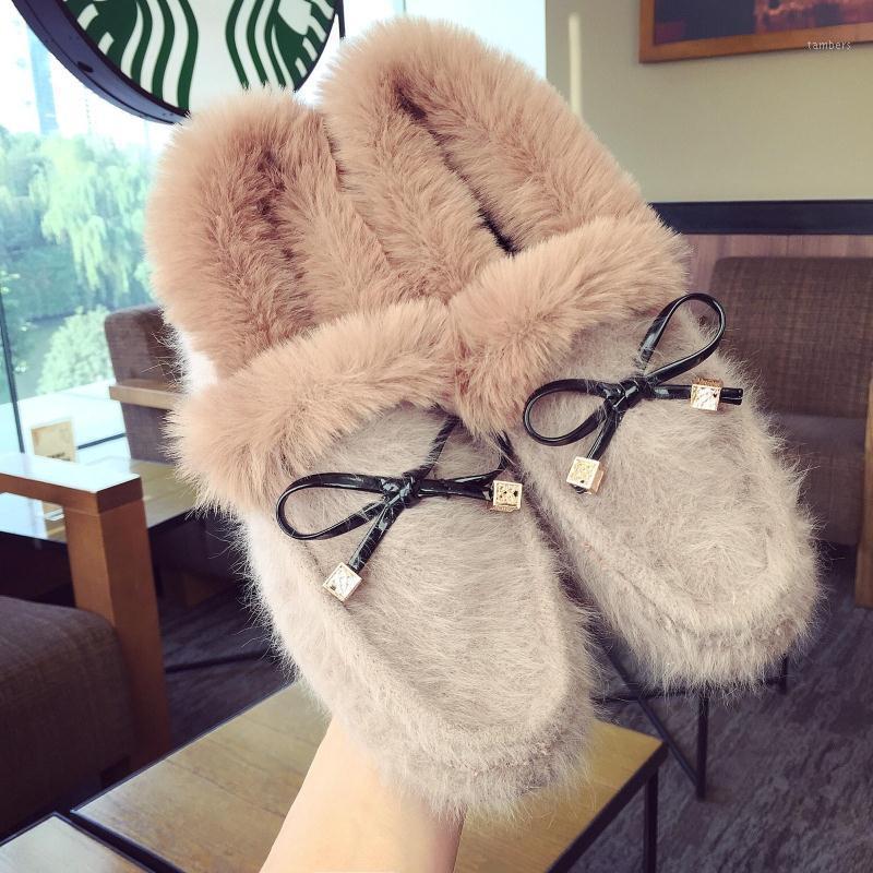 

2020 new winter fur shoes women plush shoes gray bow snow boots women female flats warm home fashion woman1, Brown