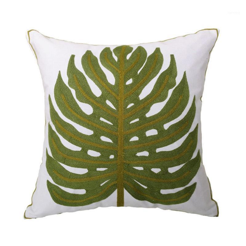 

Modern Fashion Big Green Palm Leaf Canvas Decorative Throw Pillow Case Embroidery Cotton Cushion Cover 45 x 45cm 1pc/lot1