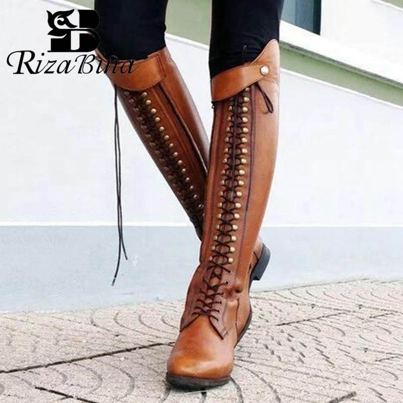 

RIZABINA Winter Over The Knee Boots Round Toe Low Heel Pu Leather Cross Tied Metal Ridding Boots Rivet Shoes Women Size 34-431, Black
