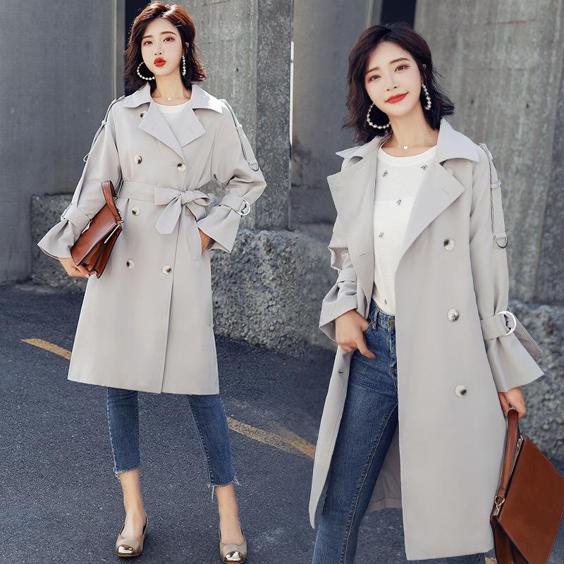 

Women autumn Trench Coat for Women Adjustable Waist Slim Double-breasted Solid Coat gray Long Trench Female Outerwear Femme, Silver