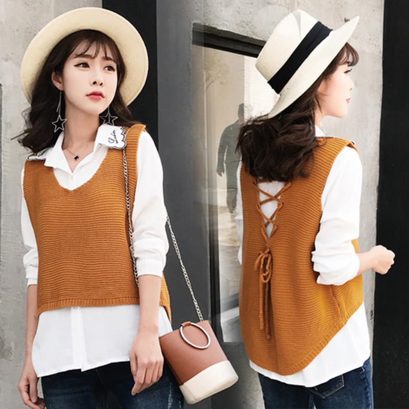 

2020 preppy style spring autumn short knitted vest female Korean version lace Up irregular sleeveless sweater vest student tops, Black