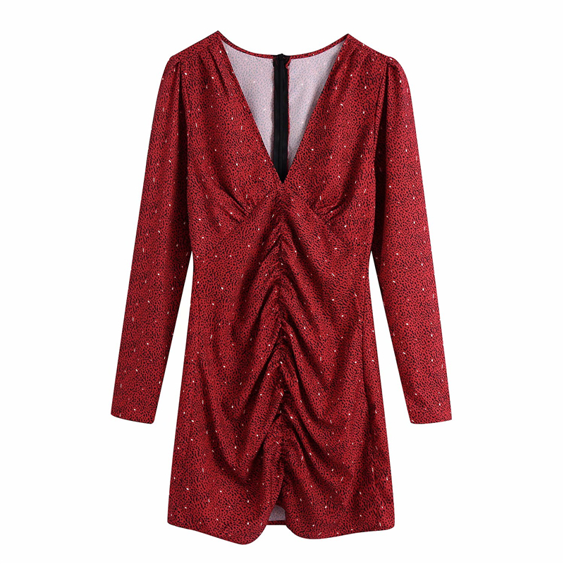 

2021 New Elegantes Dot Print Outono Moda Senhoras V-neck Bainha Vestido Causal Feminino Streetwear Drapeado Mini Vestidos Lz7k, Red