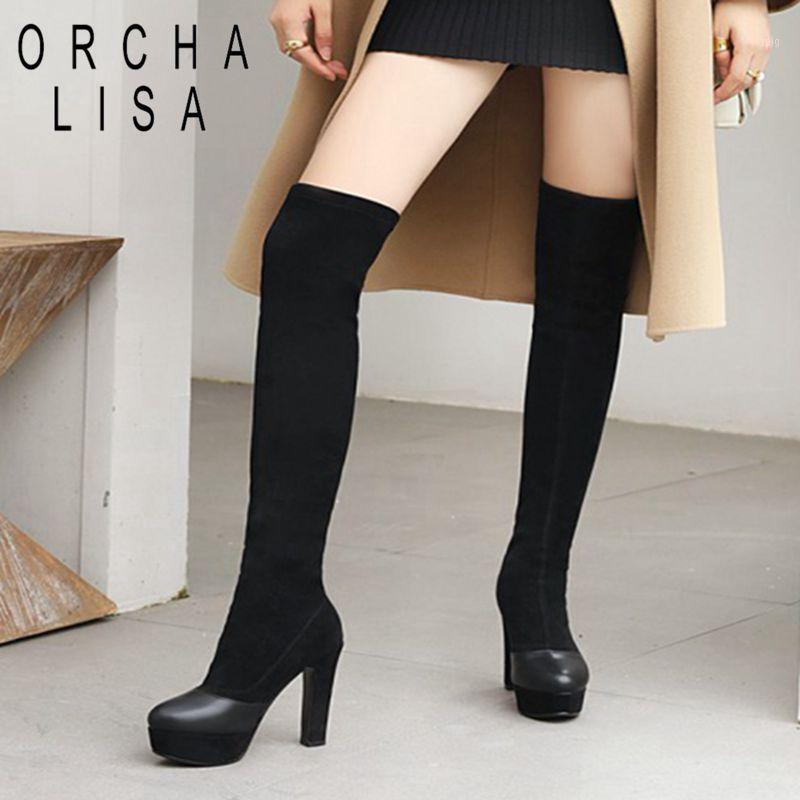 

ORCHA LISA Sexy stretch Fabric Platform boots Black Elastic Over The Knee Boots Women Thigh high Winter long 11.5CM1, Black no fur inside