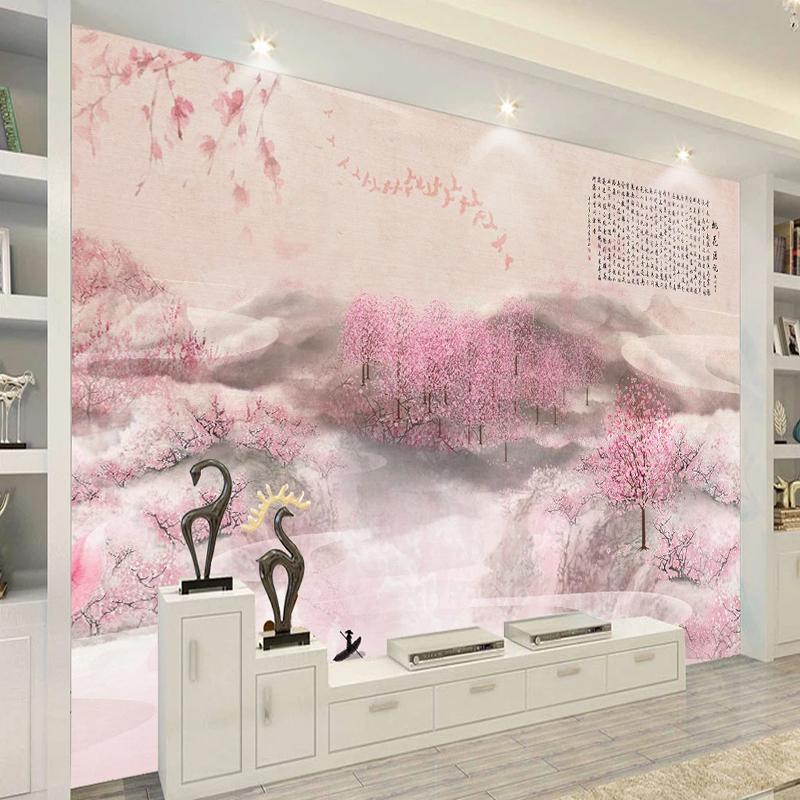 

Custom Large Murals Wallpaper Chinese Hand-painted Peach Blossom Wall Cloth Bedroom Waterproof Eco-Friendly Papel De Parede 3 D, As pic