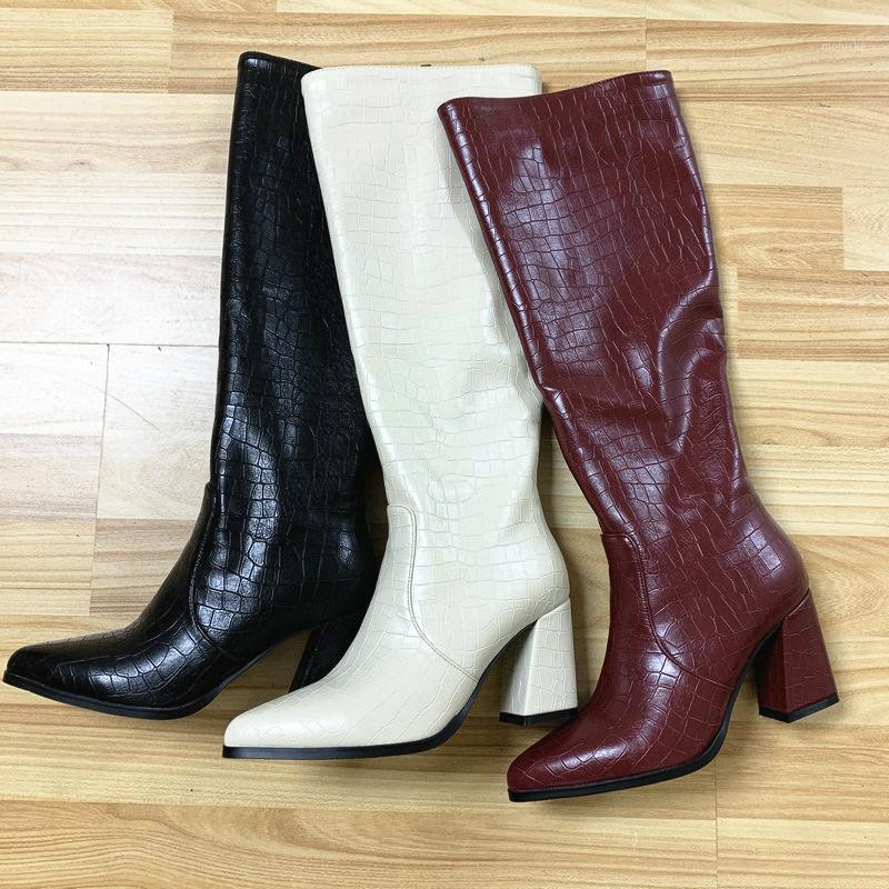 

Band Designer Faux Leather Women Knee High Boots Pointed Toe Boots Women Long Chunky Block High Heel Black beige winered1