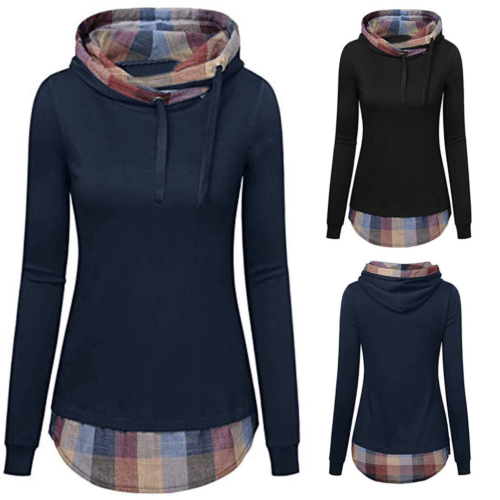 

Women' Winter Long Sleeve Hooded Plaid Patchwork Slant Collar Hoodie Top Winter Long Sleeve Hooded Plaid Patchwork, Black