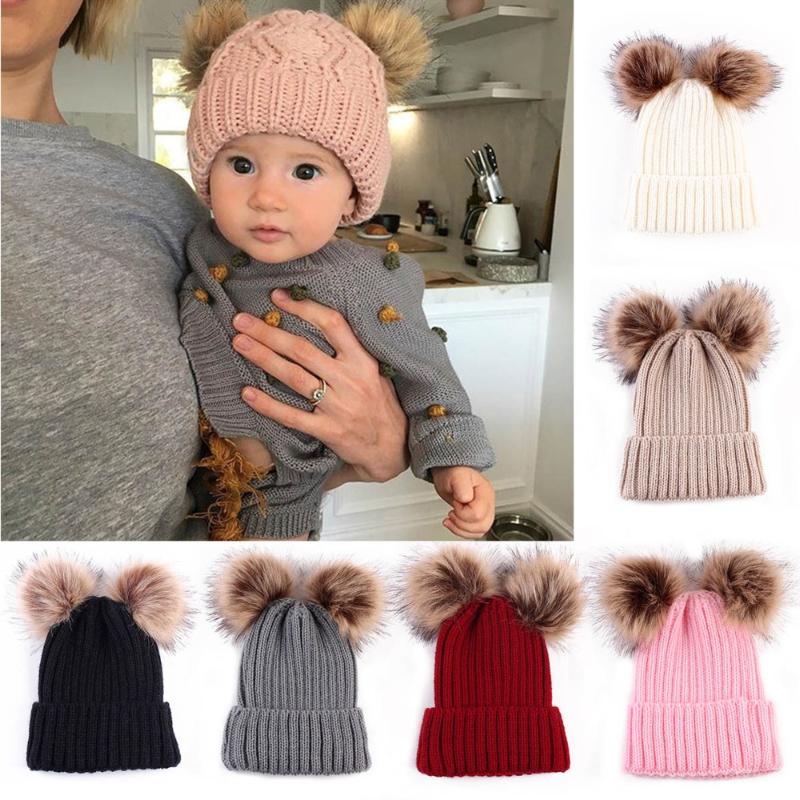 

New Puseky Newborn Baby Cute Winter Warm Double Fur Balls Pompom Cap Knit Crochet Kid Child Hats Caps For Boys Girls Hat Beanies, Black