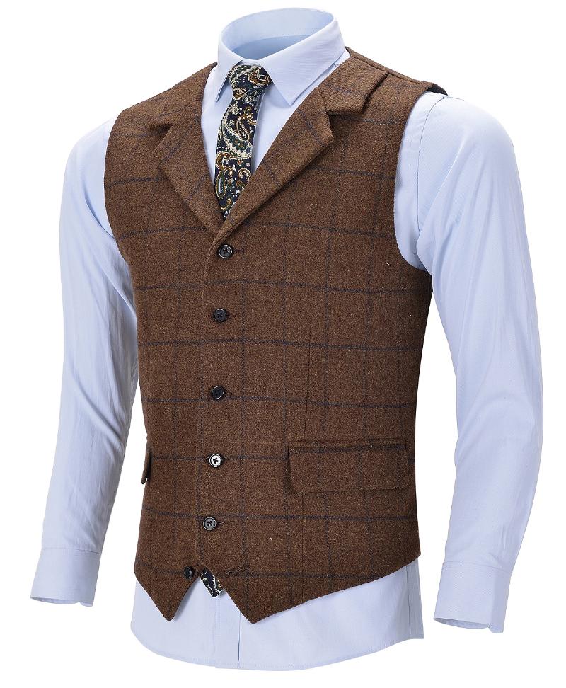 

Brown Check Waistcoat Men'sTweed Vest Plaid Notched Laple WoolJacket Business Waistcoat for Groosmen Best Man Wedding, Black