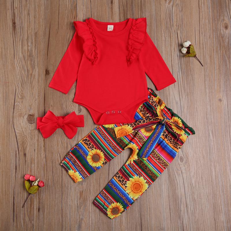 

3PCS Infant Baby Girl Clothes Long Sleeve Crew Neck Ruffle Romper + Printed Pants + Headband Set, As pic