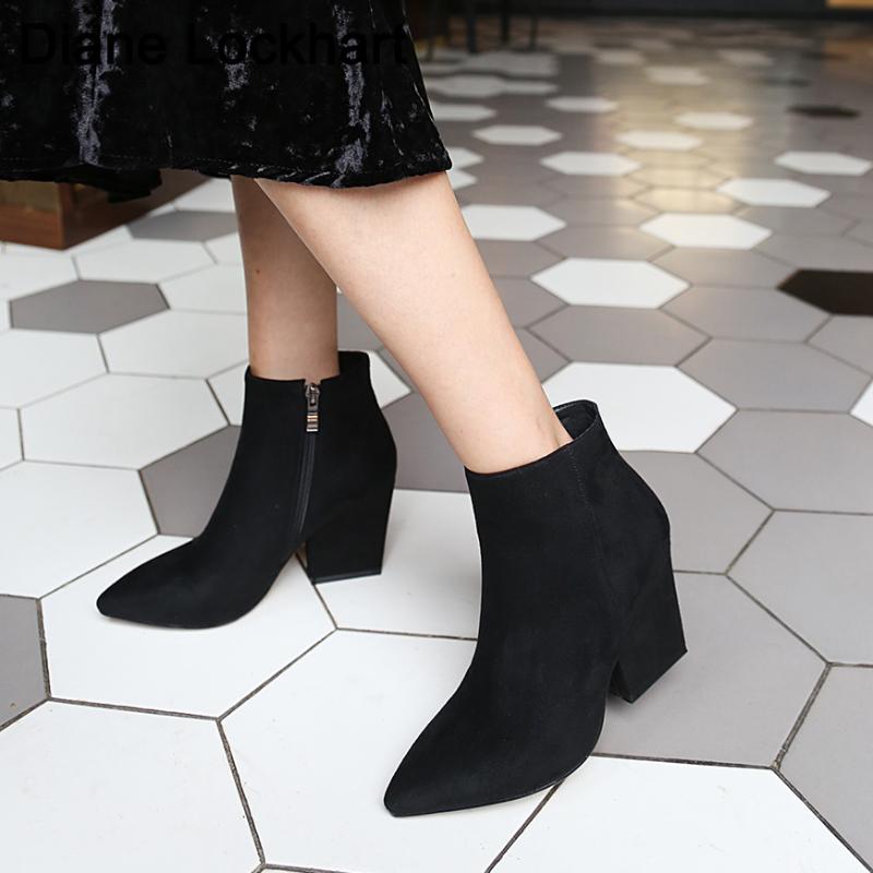 

Pointed Toe Booties Winter Women Black Ankle Boots Lace Up Footwear Platform High Heels Wedges Shoes Woman Bota Feminina 32 41, Flock