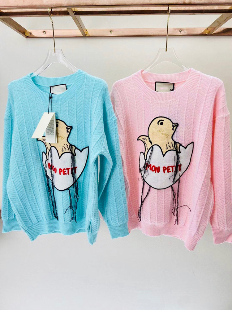 2020 Spring Autumn Men And Women's High Quality Embroidery Sweaters Sweet Pink Color G Pullovers Sweater Tops Little Chick Gu