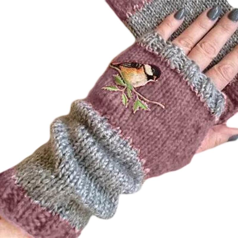 

Women Winter Knitted Fingerless Gloves Bird Embroidered Color Block Splice Half