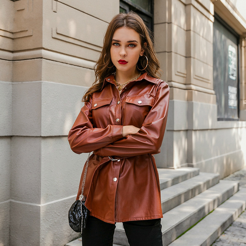 

Leather plutonium from vintage female causal turn-down collar jacket with belt chic winter vest 2020, White