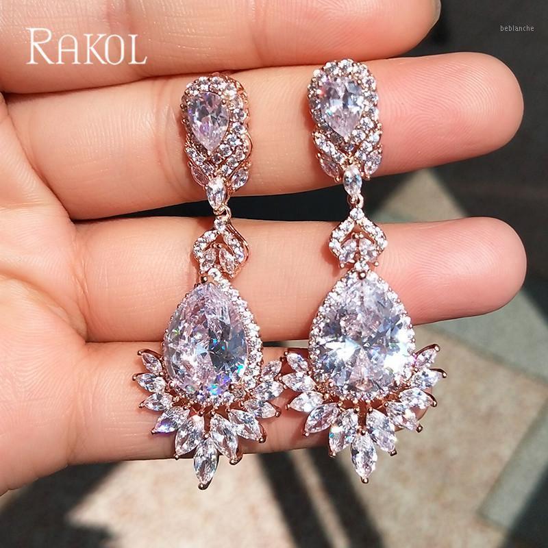 

Dangle & Chandelier RAKOL Luxury Cubic Zircon Rose Gold Color Water Drop Crystal Big Long Earrings For Brides Women Wedding Jewelry RE0211