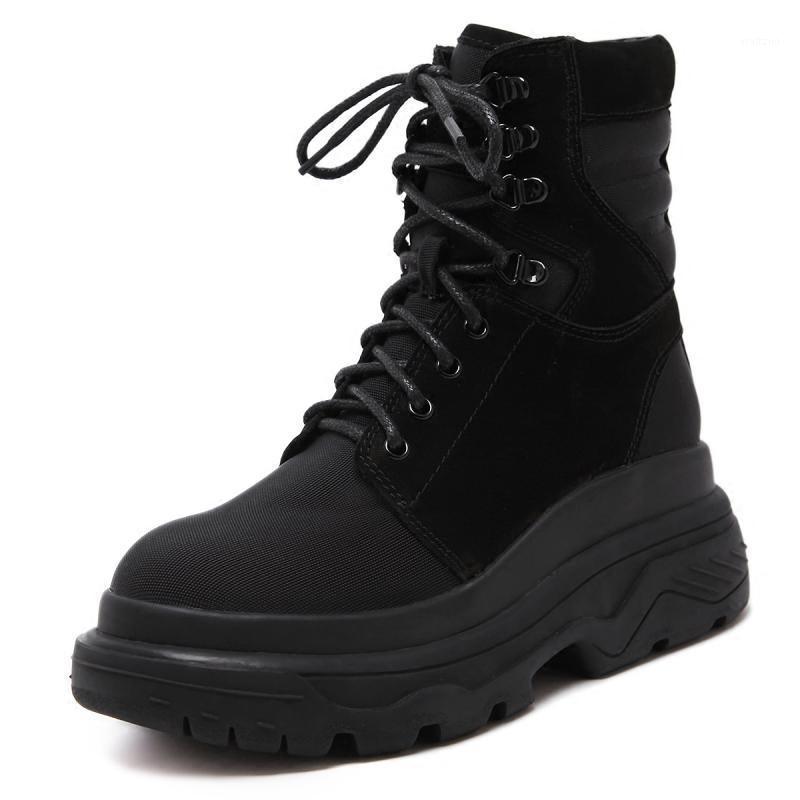 

Motorcycle Platform Boots Women 2020 New Winter Plush Lace-Up Ankle Boots High Quality Leather Fashion Black1, Black