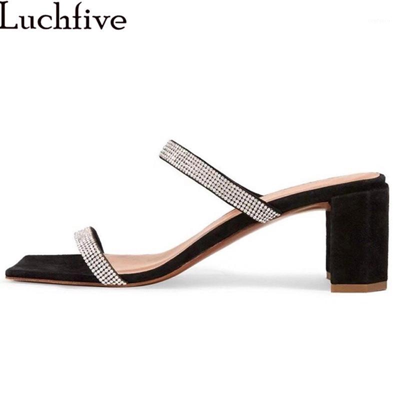 

Crystal One Strap Chunky Heels Slippers Women Black Rhinestones Mid Heel Mules Summer Sexy Slides Party Shoen Woman1, As show
