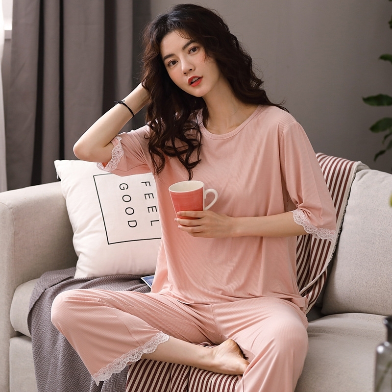 Pajama Sets Women short Sleeve lace O neck Elegant Cardigans Sleepwear Womens Korean Style Printed Loose Simple Casual sleep 201027
