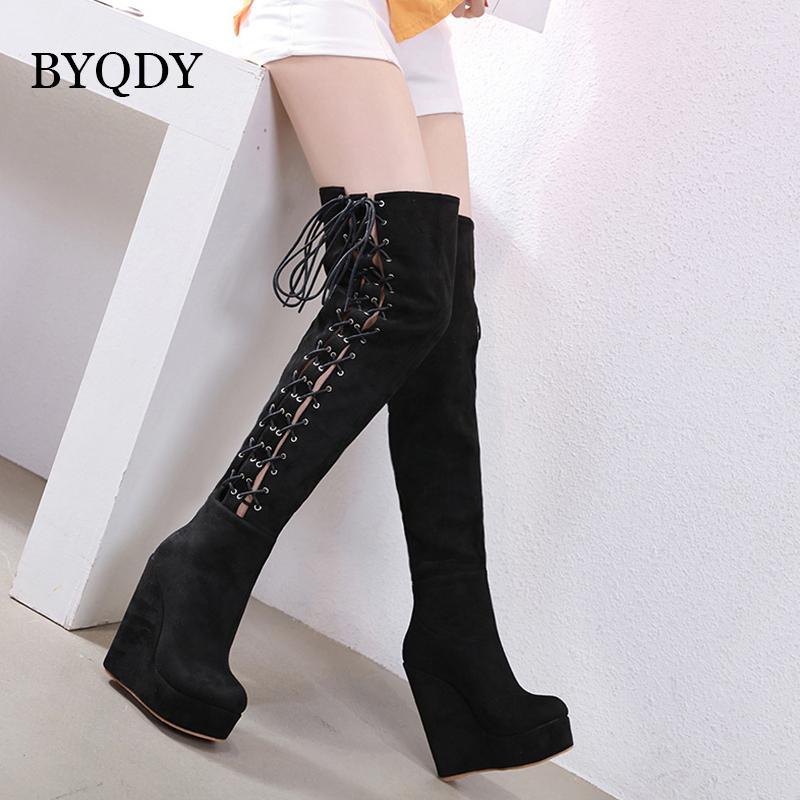 

BYQDY Autumn High Boots Sexy Lace Up Over Knee Women Boots Wedges Heel Shoes Woman Platform Rubber Suede Botas Mujer Size 35-401, Black