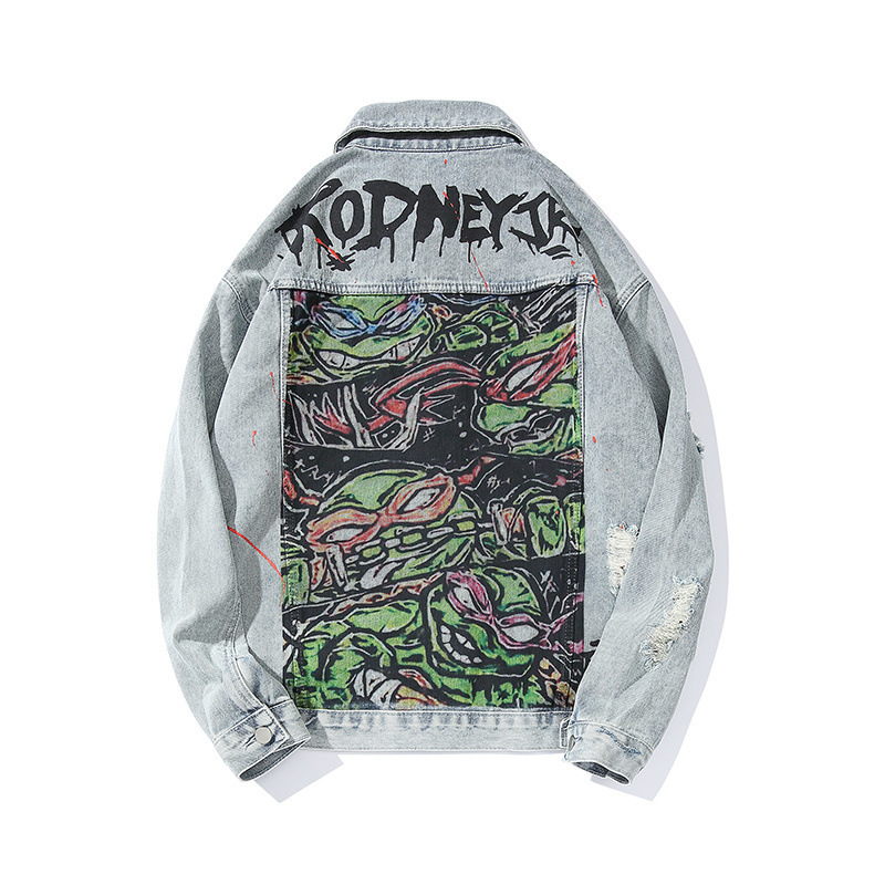 

marca Outono mar lapela retro denim jaqueta masculino oversize ninja tartarugas graffiti impresso casual solto casacos masculinos 7QMS, Blue.