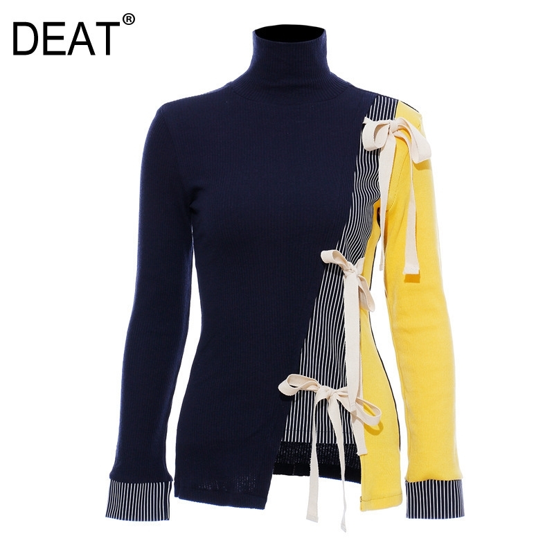 

[DEAT] Spring Autumn New Fashion Tide Splicing Frenum Long Sleeve Turtleneck Knitting Temperament Women Sweater 13U398 201111, Navy blue yellow