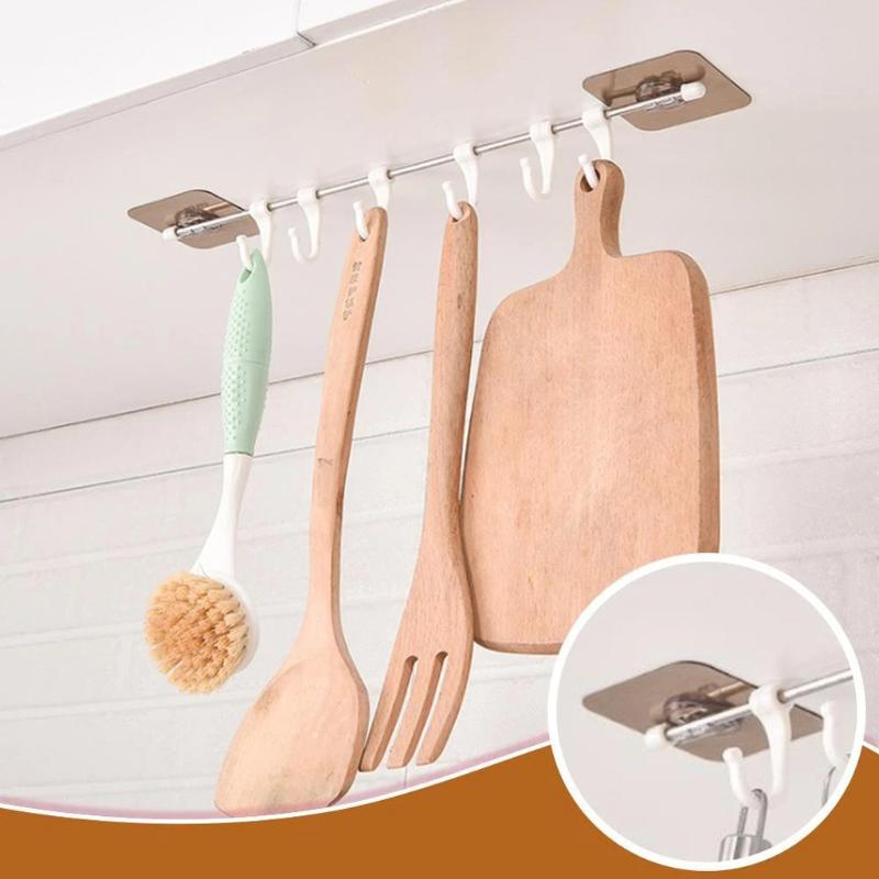 

Self-adhesive Six Hooks Wall Rack Creative Bathroom Kitchen Hanging Rack Stainless Steel Base Strong Sticky Mobile Hook
