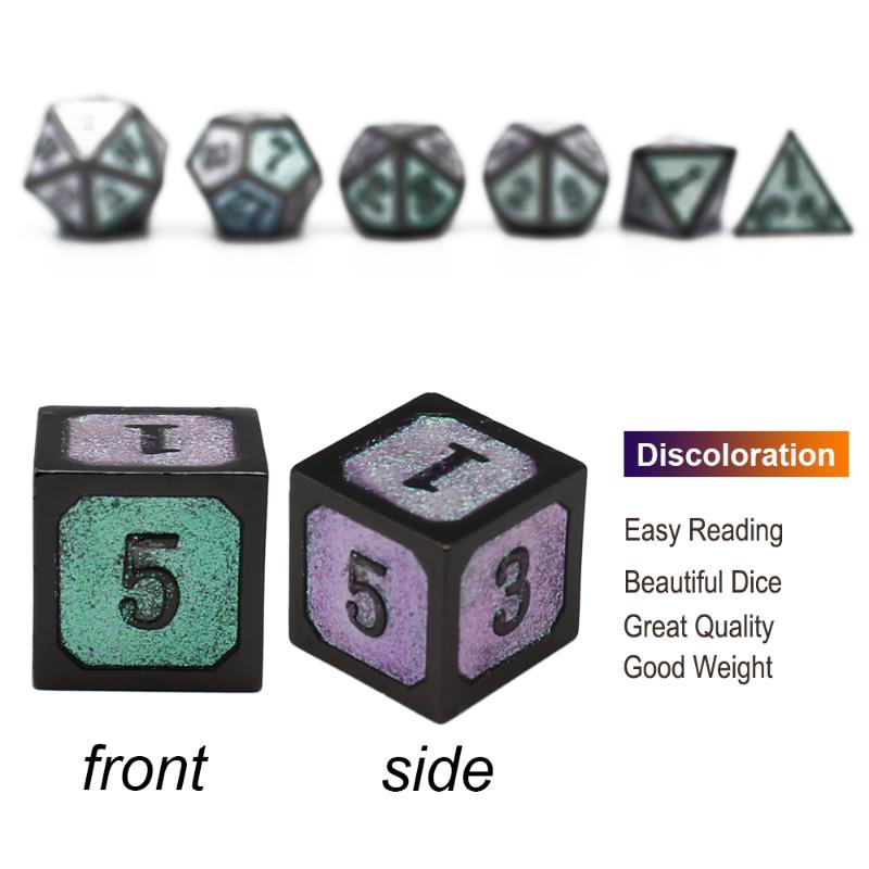 

Metal Dice D4 D6 D8 D10 D% D12 D20 with Soft Drawstring Pouch for DnD RPG Board Games Black And Discoloration 7 pcs dice set box