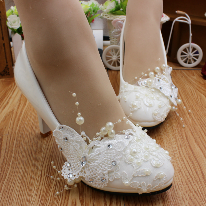 

White bride wedding dwaterproof platform water bridesmaid pearl butterfly shallow mouth slimming shoes ZZNO, 8cm