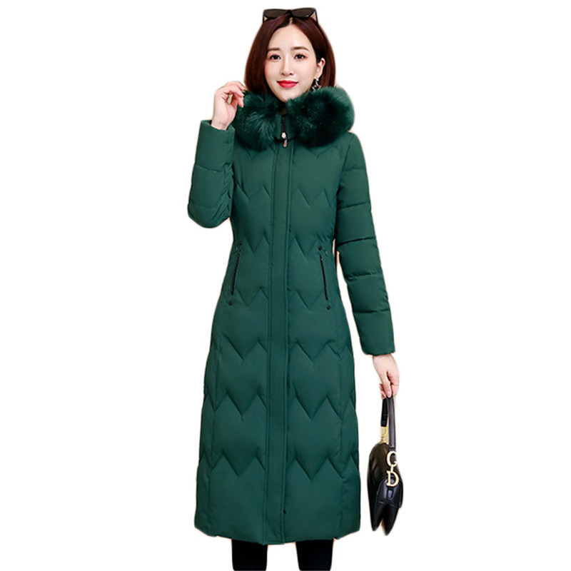 

2021 New Female winter coat long green L-5XL plus size fur collar with hoodie cotton jacket new Korean fashion thin heat parka, Gray.
