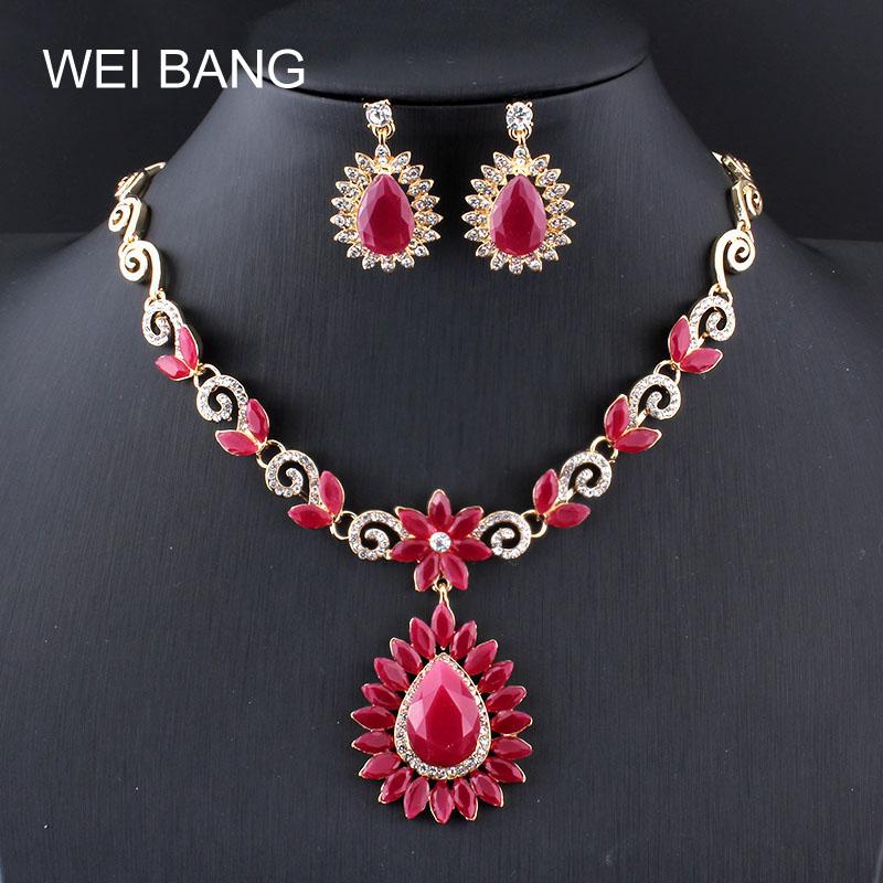 

Weibang Vintage Flower Style Jewelry Sets Classic Women Jewelry Fashion Gold Color Red And Black Resin Necklace, As pic