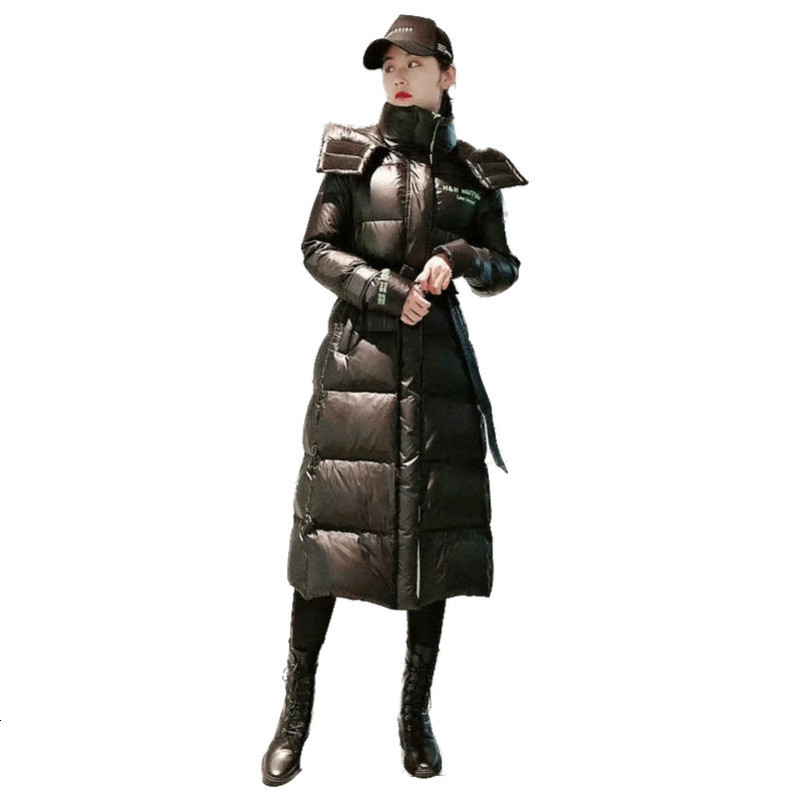 

2021 New Feminine long new waist thin Korean thick winter white down female jacket, Black