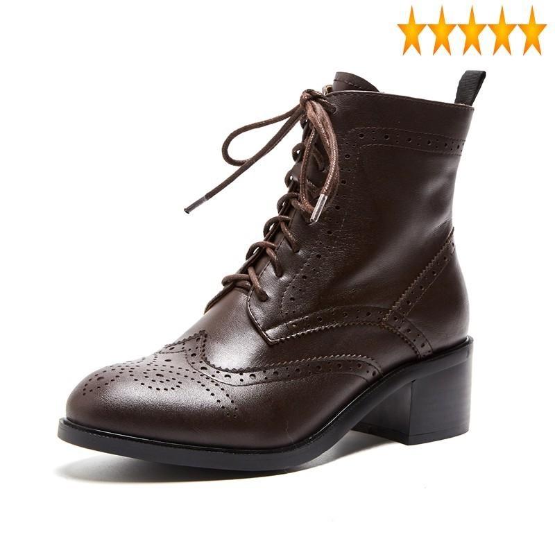 

Block British Womens New Med Heels Top Ankle Lace Up Motorcycle Casual Boots High Quality Genuine Leather Shoes, Coffee fleece lining