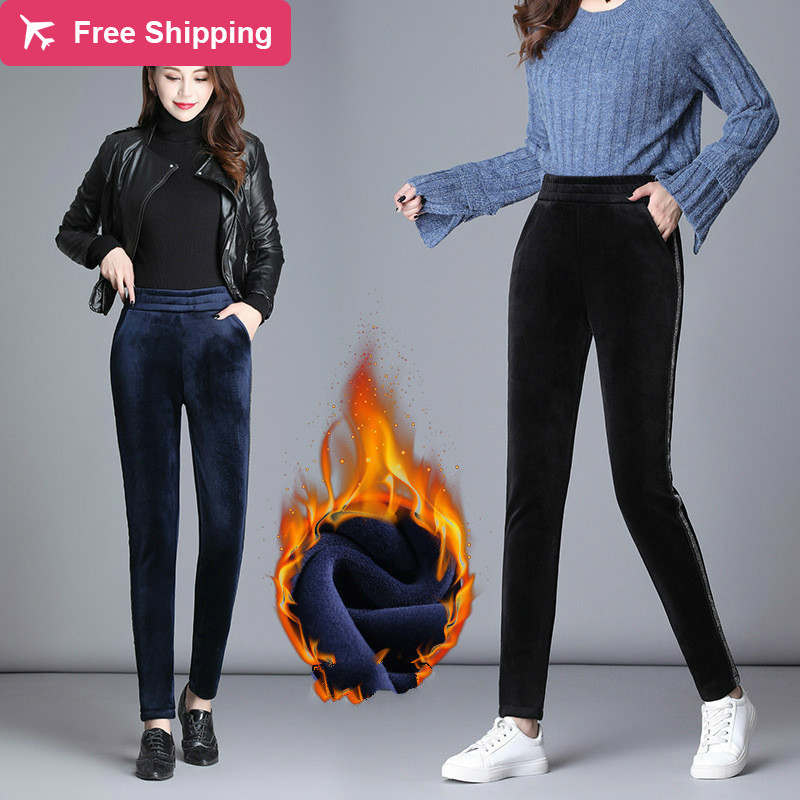 

2020 hot winter thick wool high waist thin pencils women's capris woman's pants longer, Black