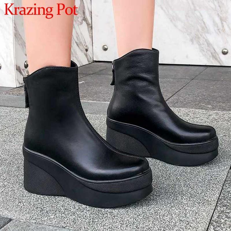 

Krazing Pot European style thick bottom waterproof cow leather boots round toe solid winter women back Zipper ankle boots L231, Beige