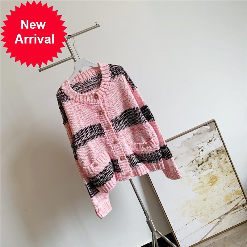 

Women 2021 New of High Quality Sweet Tide Brand Pink Blouse Lazy Stripes Contrast Color Midi Shirt Cardigans Casaco Clothes GCKZ, Beige