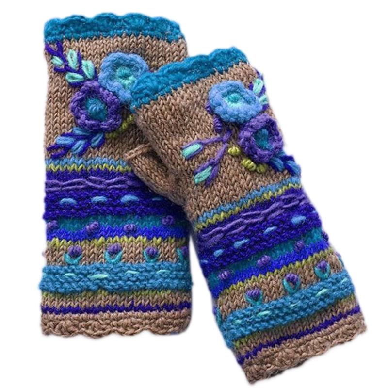 

Women Winter Vintage Multicolor Knitted Fingerless Gloves Fake Sleeve Ethnic Colorful Crochet Floral Half Finger Mittens