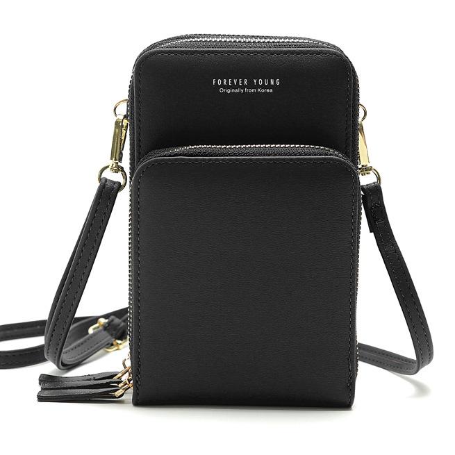 

Ladies PU Leather Mobile Phone Bag Shoulder Bag Fashion Mobile Phone Zipper Coin Card ID Card Holder Ladies Wallet Gift, Black