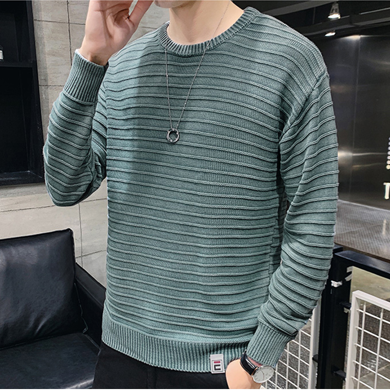 

2020 New Autumn of men's knitted shirt long sleeve sweater fashion solid trend casual fine mesh striped youth L9Z3