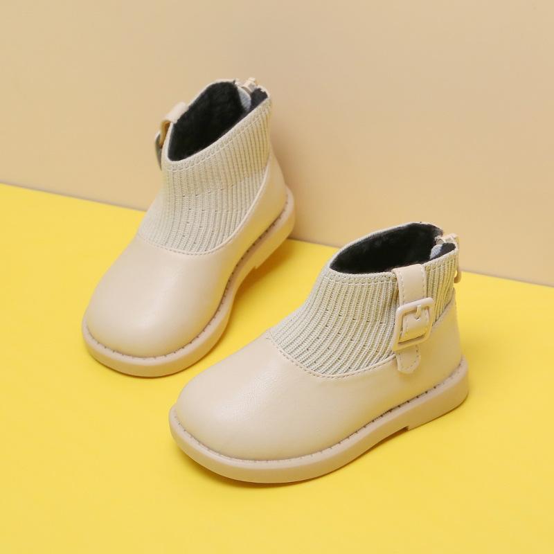 

Winter New Baby Girls Leather Shoes Cashmere Short Boots 1-3 Years Old Princess Cotton-padded Shoes Brown Black Biege Color