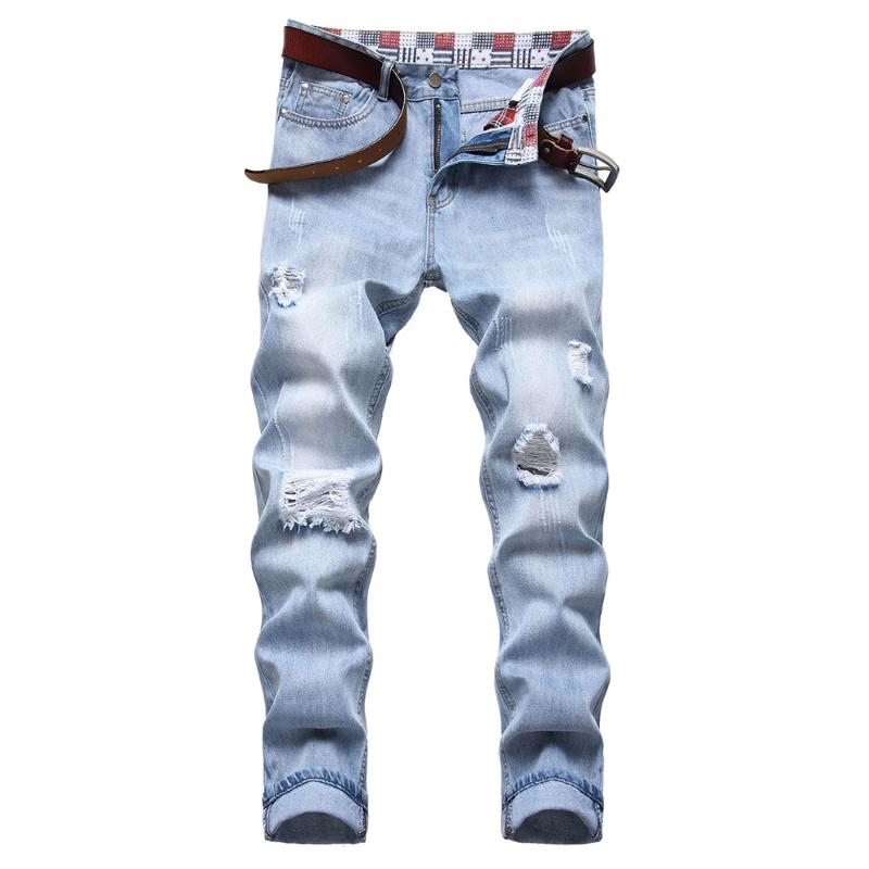 

Men's Light Blue Ripped Jeans Casual Slim Straight Denim Pants Distressed Destroyed Trousers