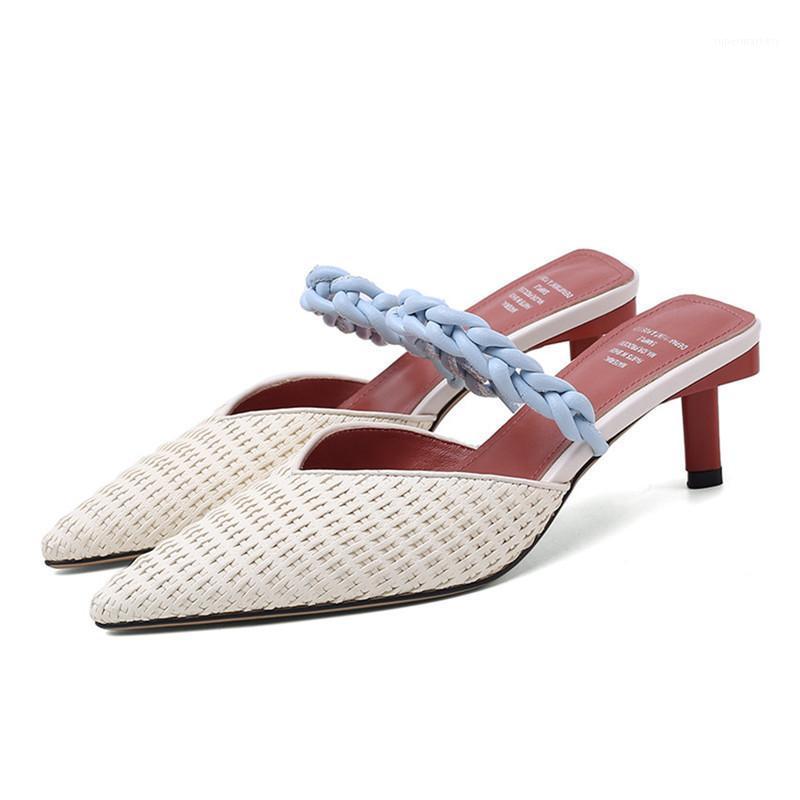 

Sweet Weave Half Slippers Ladies Shoes Stiletto FRont Strap Colour Mixture Sandals Woman new Wedding Shoes1, Beige